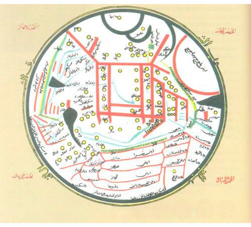 Ертедегі карта Махмұт Қашқаридың Диуани лұғат-ат-түрік кітабындағы